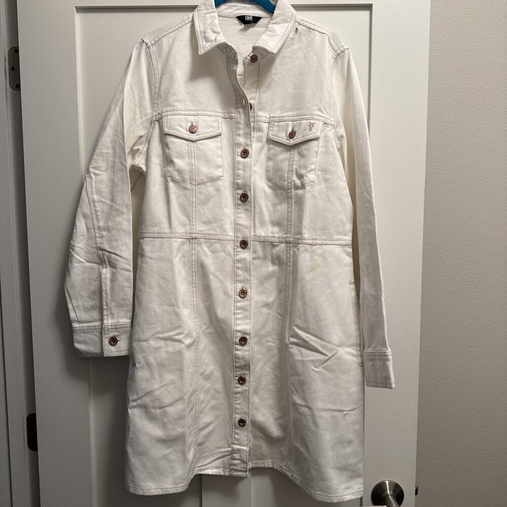 Frye Shirt Dress Large White Denim Long Sleeve Button Down Collared Pockets NEW